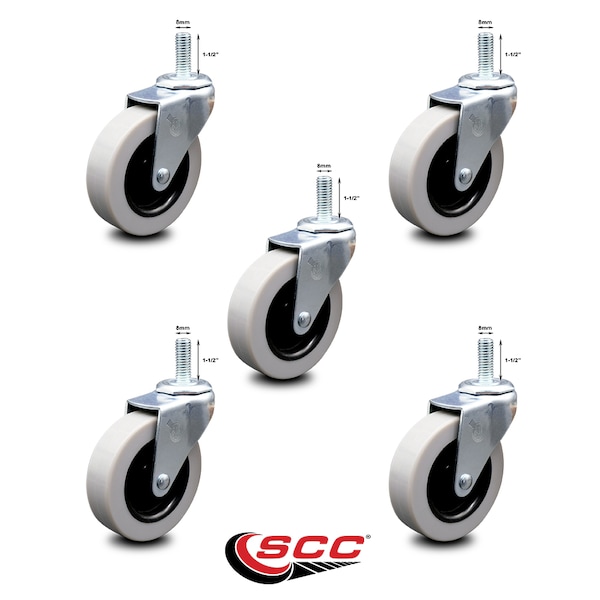 3 Inch Thermoplastic Wheel 8mm Threaded Stem Caster Set with Brakes SCC, 5PK